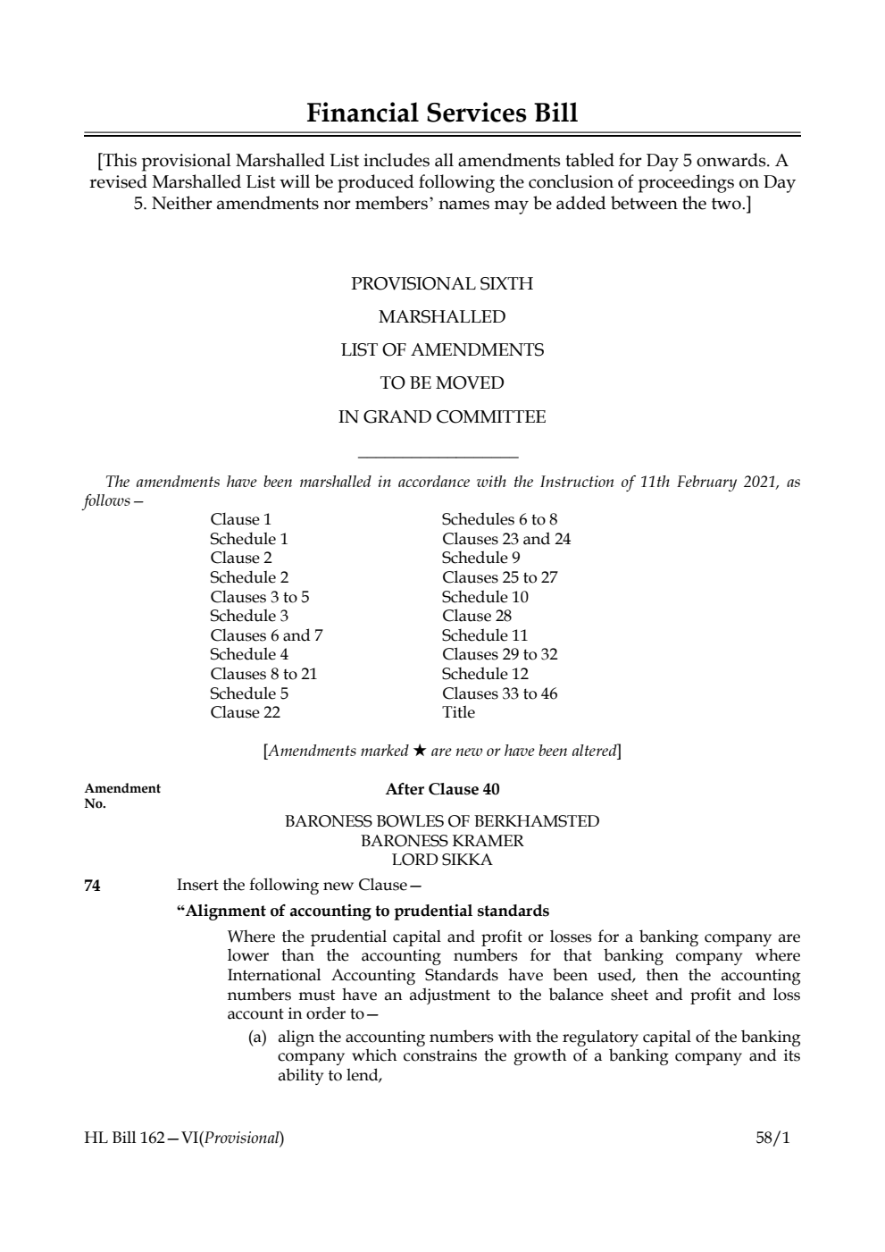 Financial Services Bill Provisional Sixth Marshalled List of amendments to be moved in Grand Committee