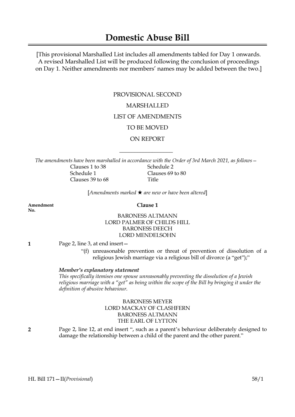 Domestic Abuse Bill Provisional Second Marshalled List of amendments to be moved on report