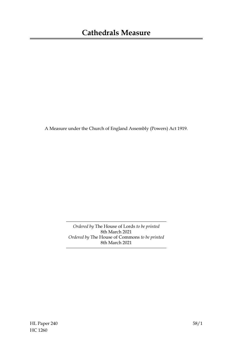 Ecclesiastical Committee. Cathedrals Measure. A Measure under the Church of England Assembly (Powers) Act 1919