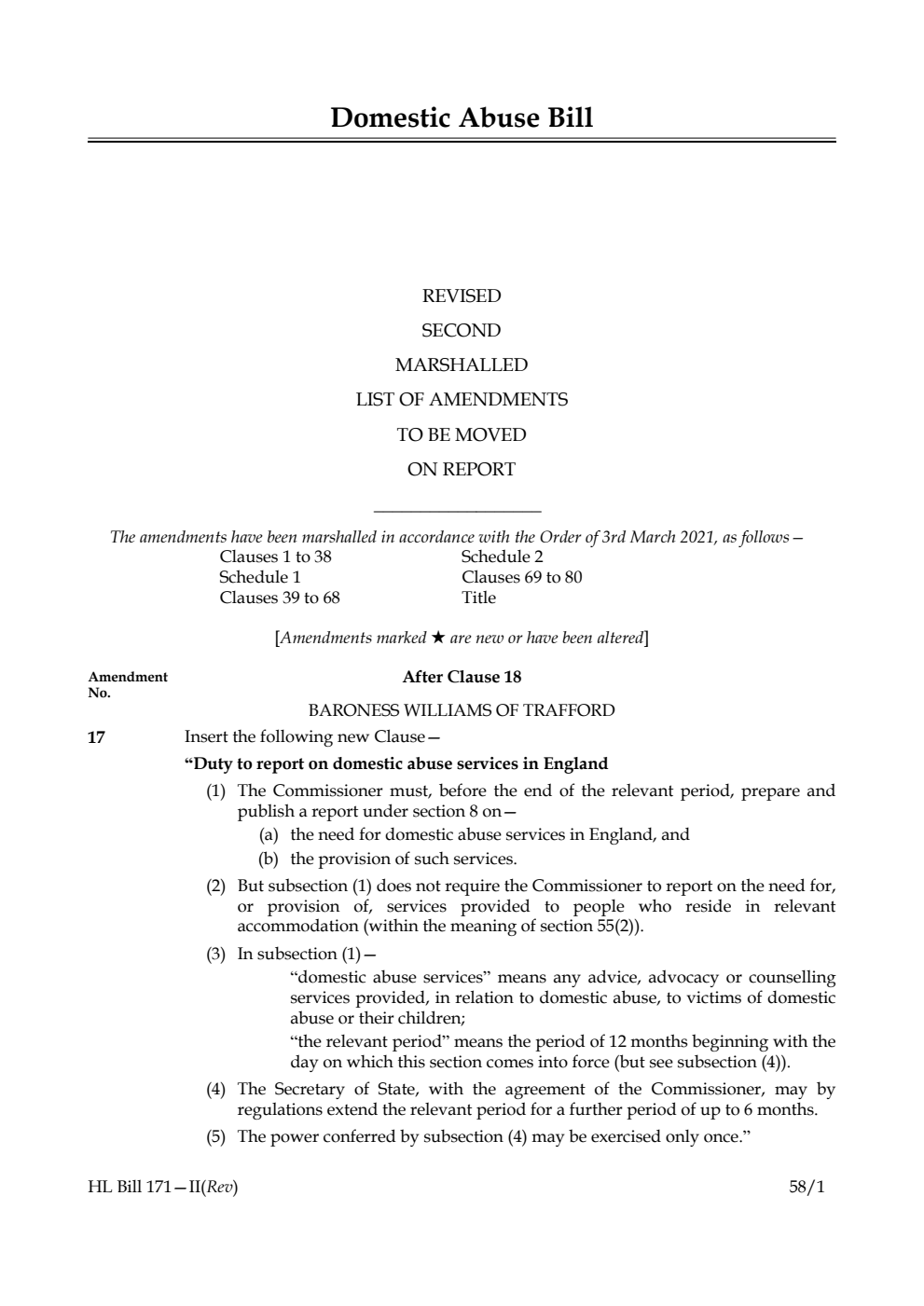 Domestic Abuse Bill Revised Second Marshalled List of amendments to be moved on report