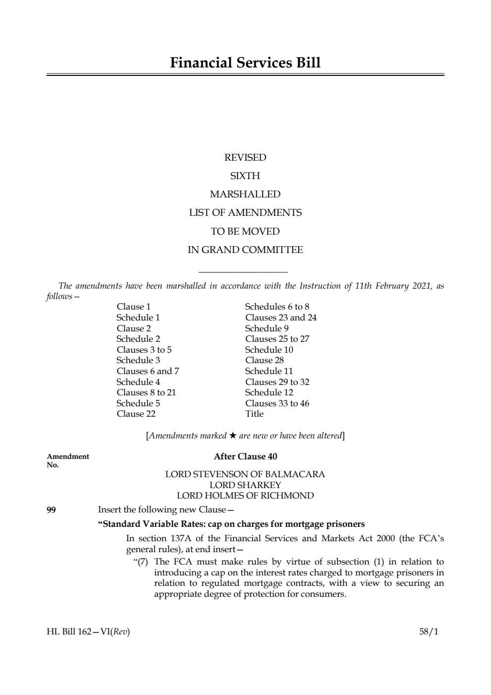 Financial Services Bill Revised Sixth Marshalled List of amendments to be moved in Grand Committee