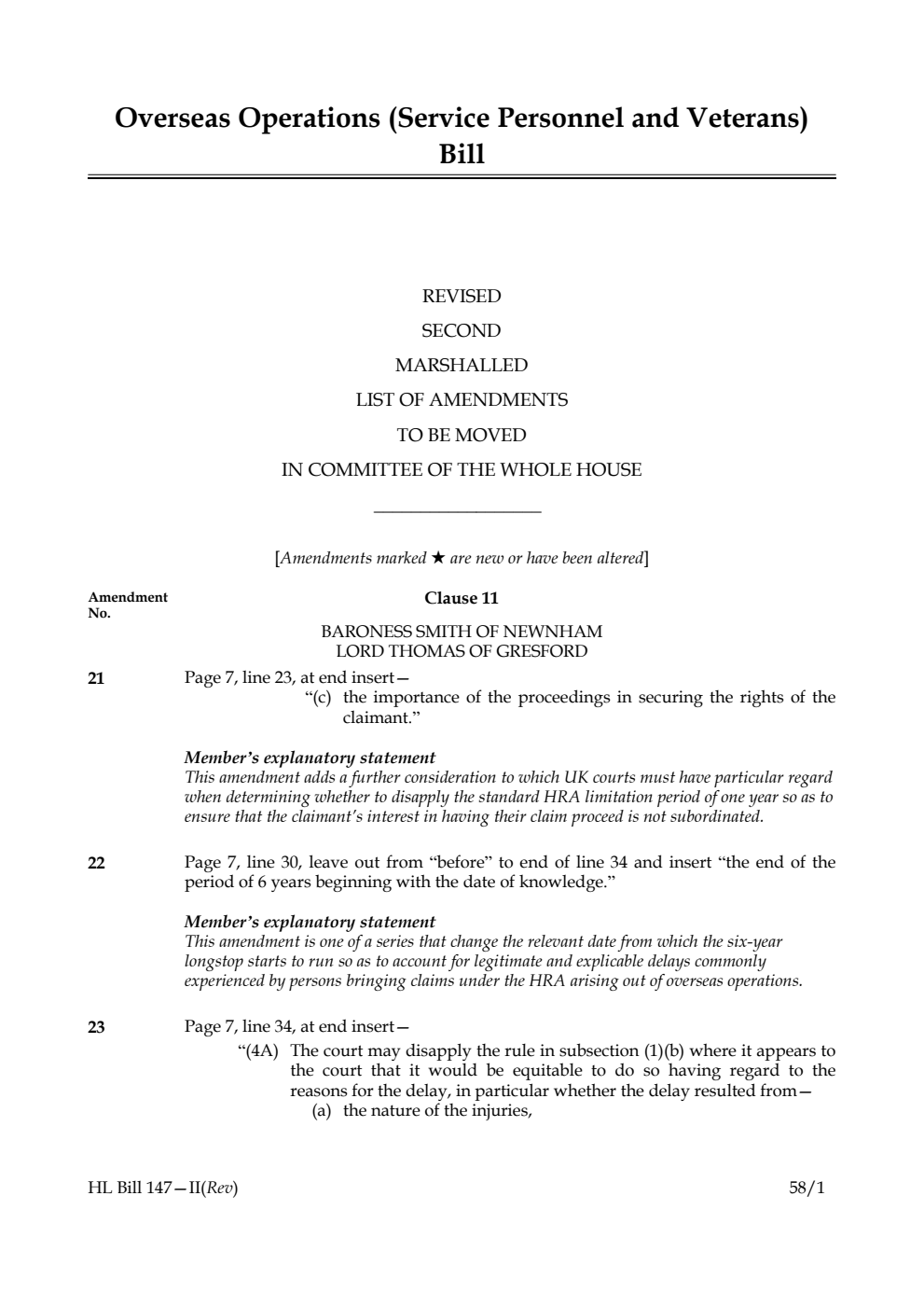 Overseas Operations (Service Personnel and Veterans) Bill Revised Second Marshalled List of Amendments to be moved in Committee of the Whole House