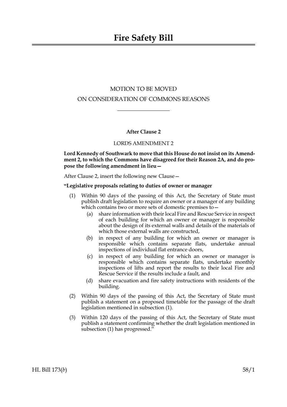 Fire Safety Bill Motion to be moved on consideration of Commons reasons