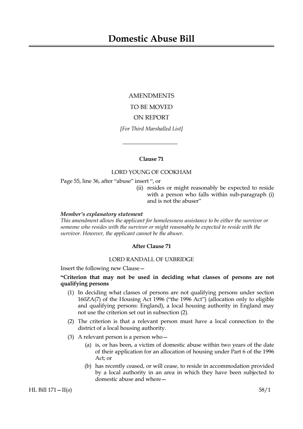 Domestic Abuse Bill Amendments to be moved on Report