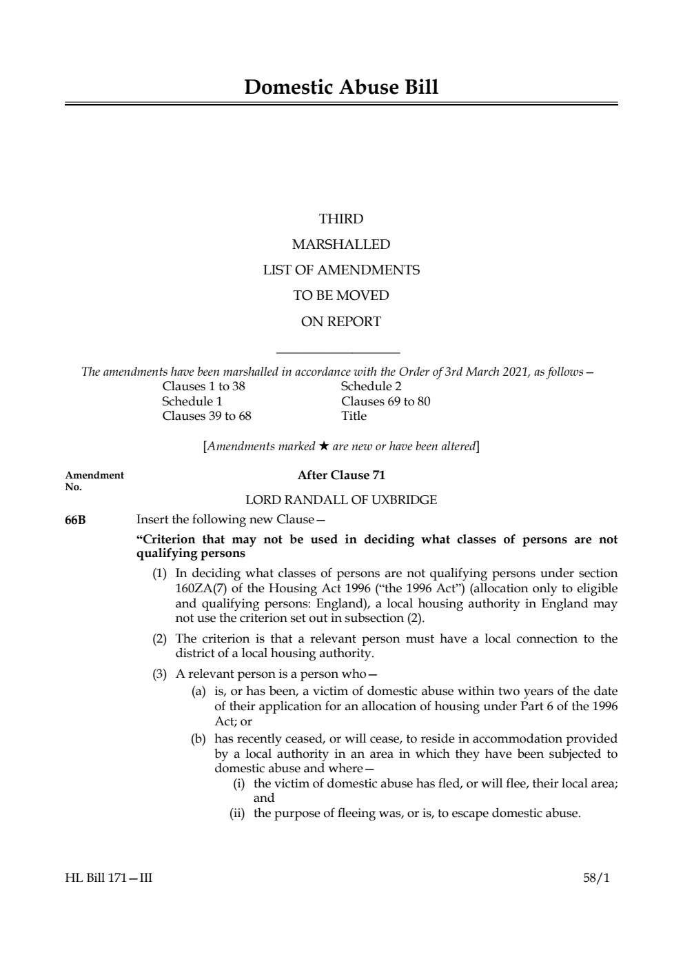 Domestic Abuse Bill Third Marshalled List of amendments to be moved on report