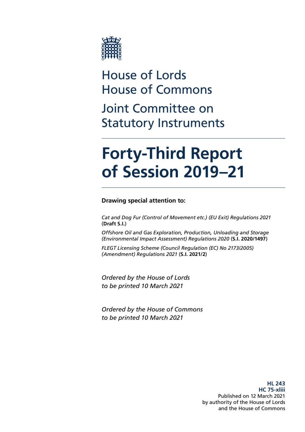 Joint Committee on Statutory Instruments 43rd Report of Session 2019-21