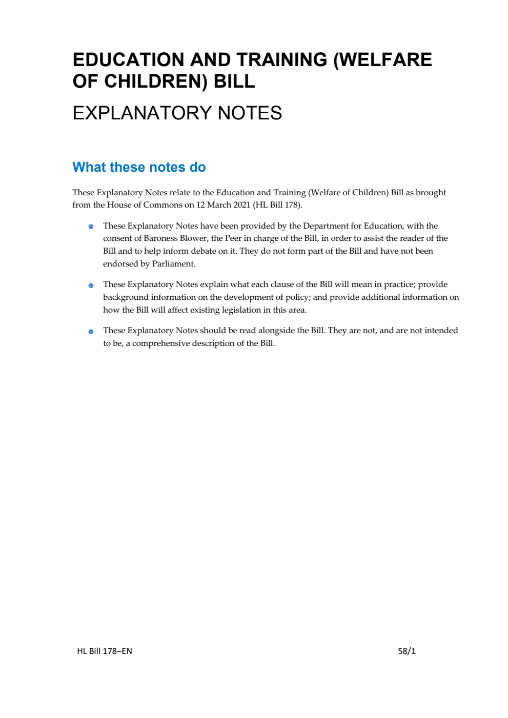 Education and Training (Welfare of Children) Bill Explanatory Notes