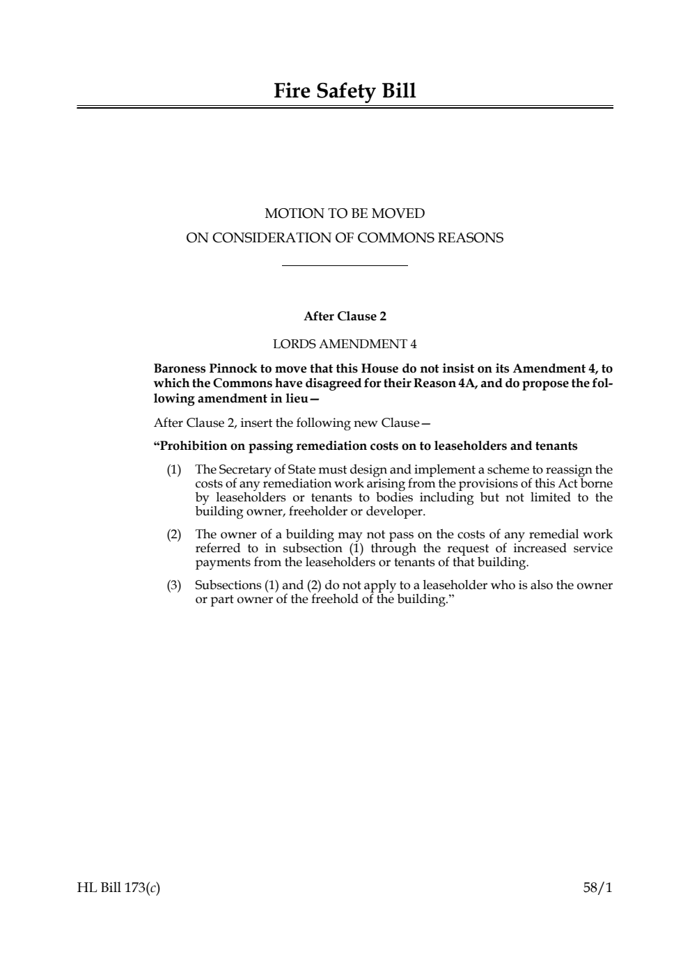 Fire Safety Bill Motion to be moved on consideration of Commons reasons