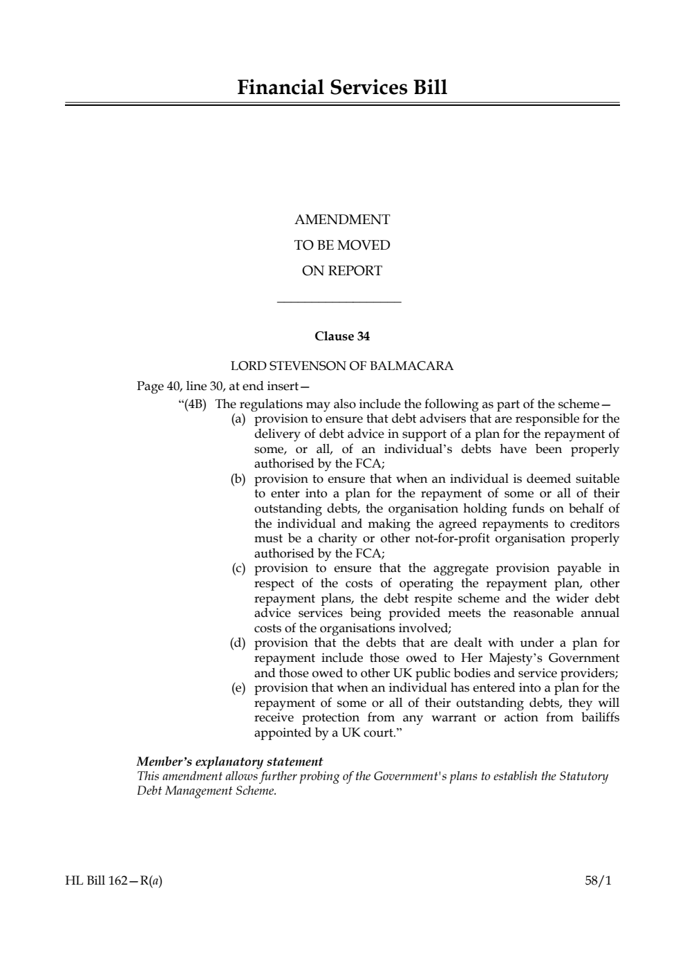 Financial Services Bill Amendment to be moved on Report