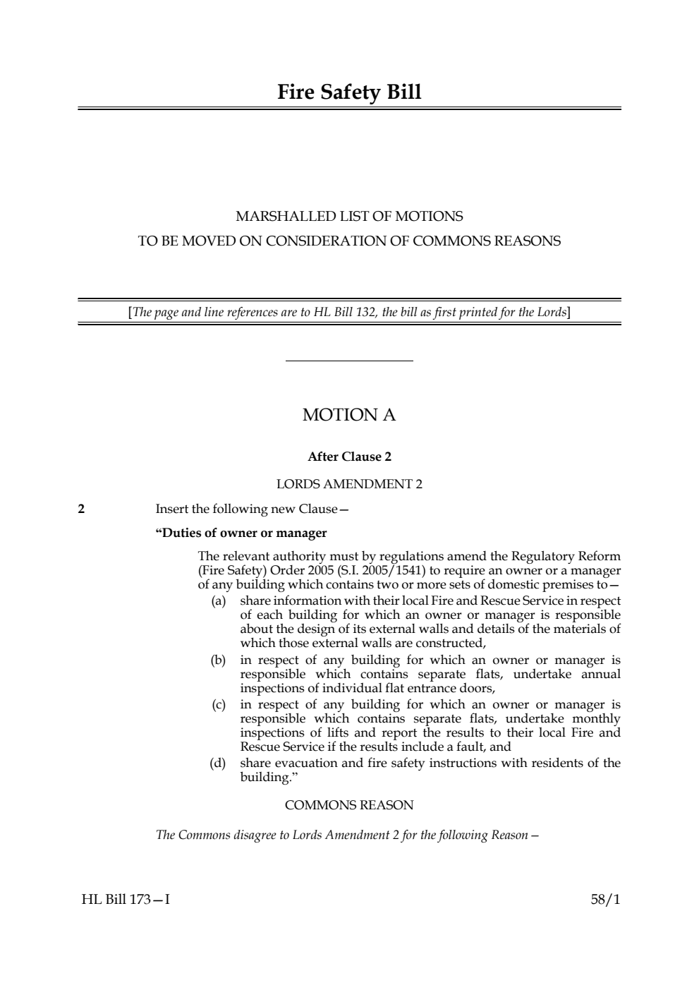 Fire Safety Bill Marshalled list of motions to be moved on consideration of Commons reasons