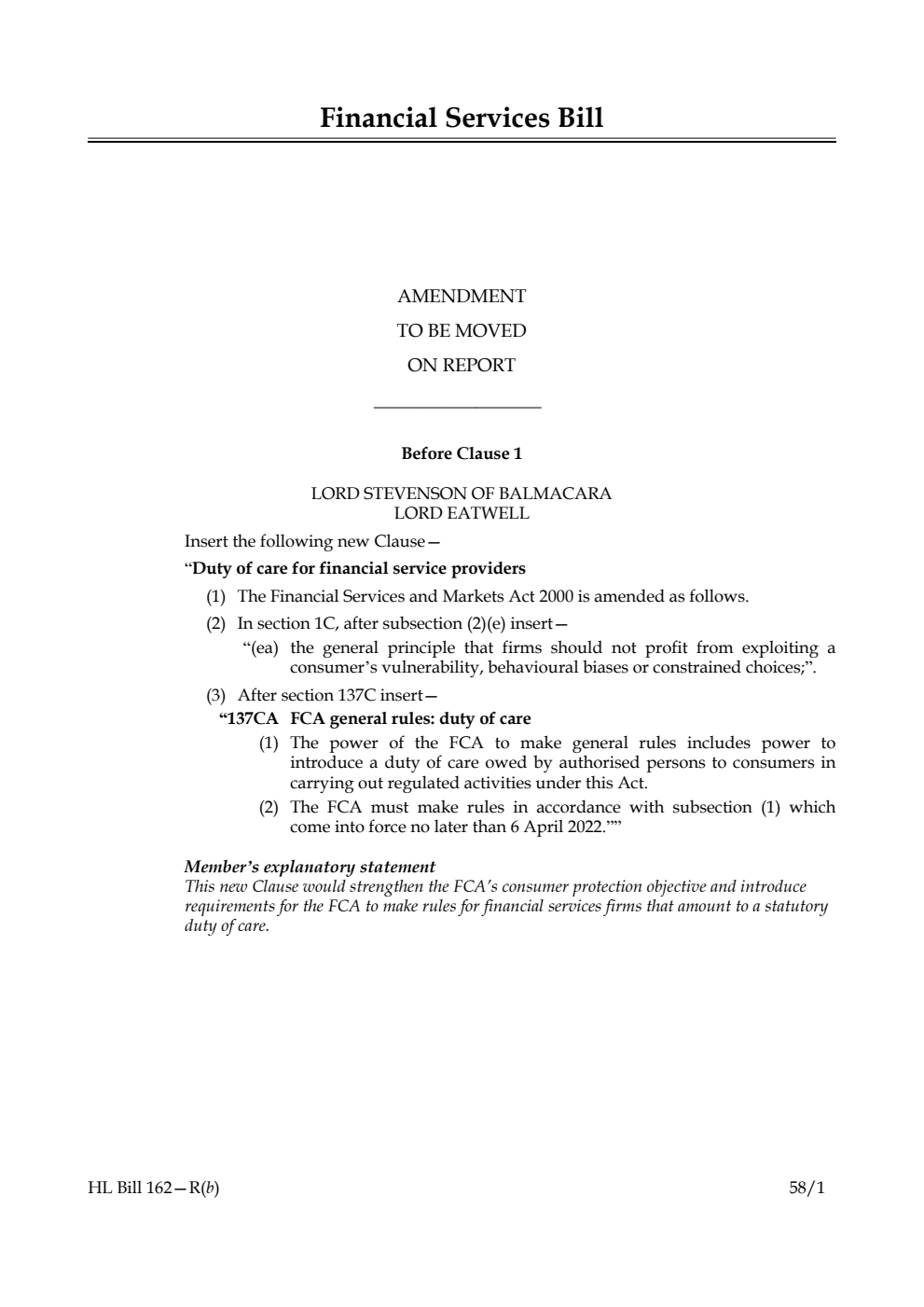 Financial Services Bill Amendment to be moved on Report