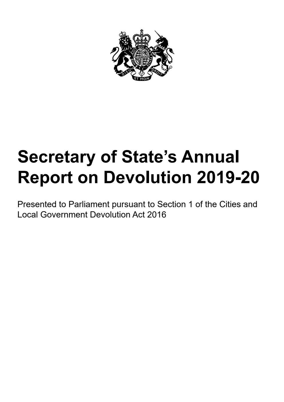 Secretary of State’s Annual Report on Devolution 2019-20