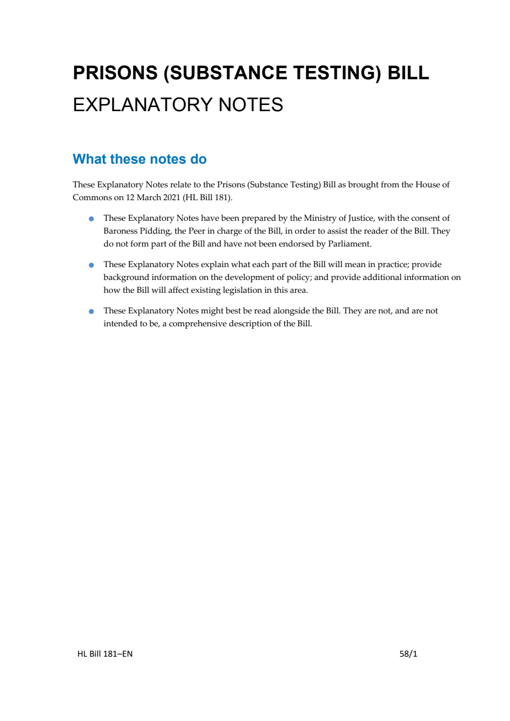 Prisons (Substance Testing) Bill Explanatory Notes