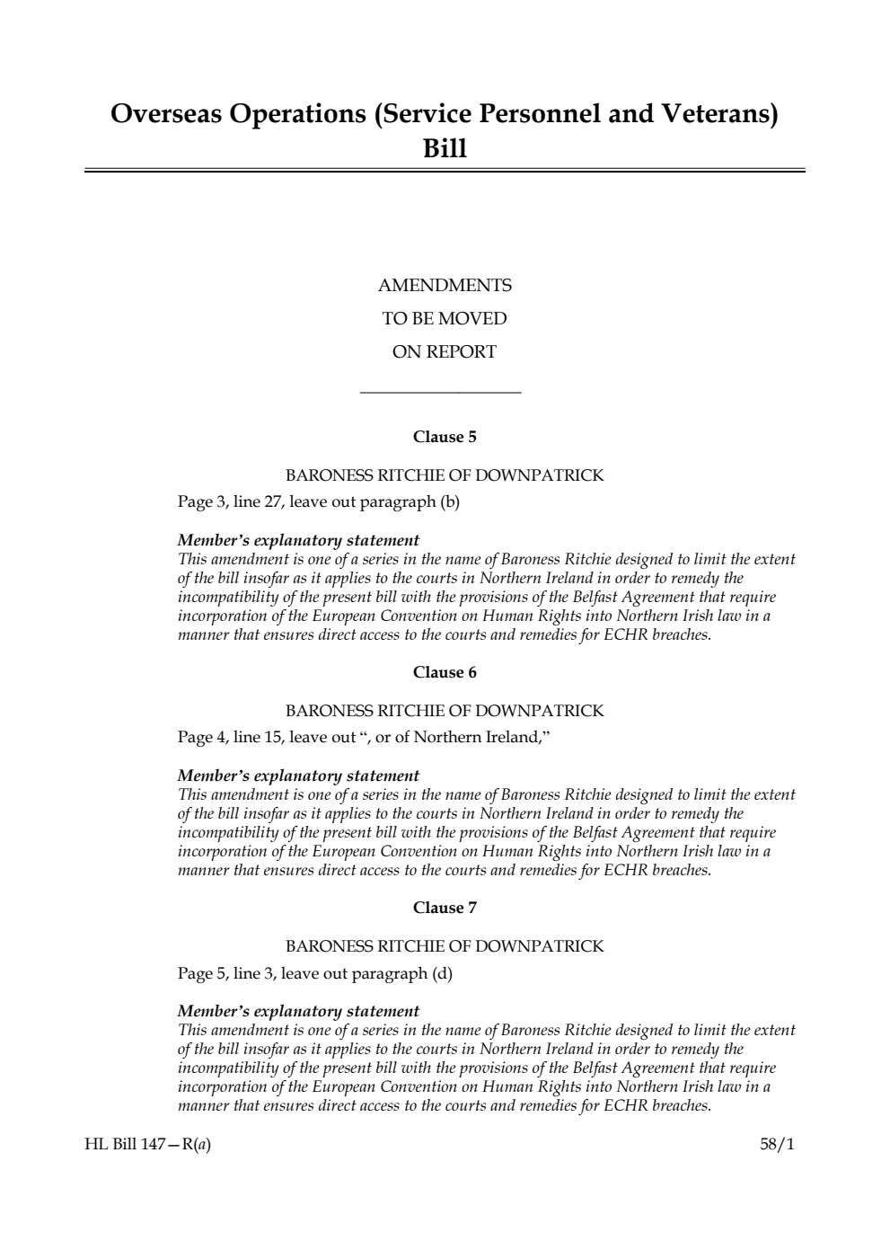 Overseas Operations (Service Personnel and Veterans) Bill Amendments to be moved on Report