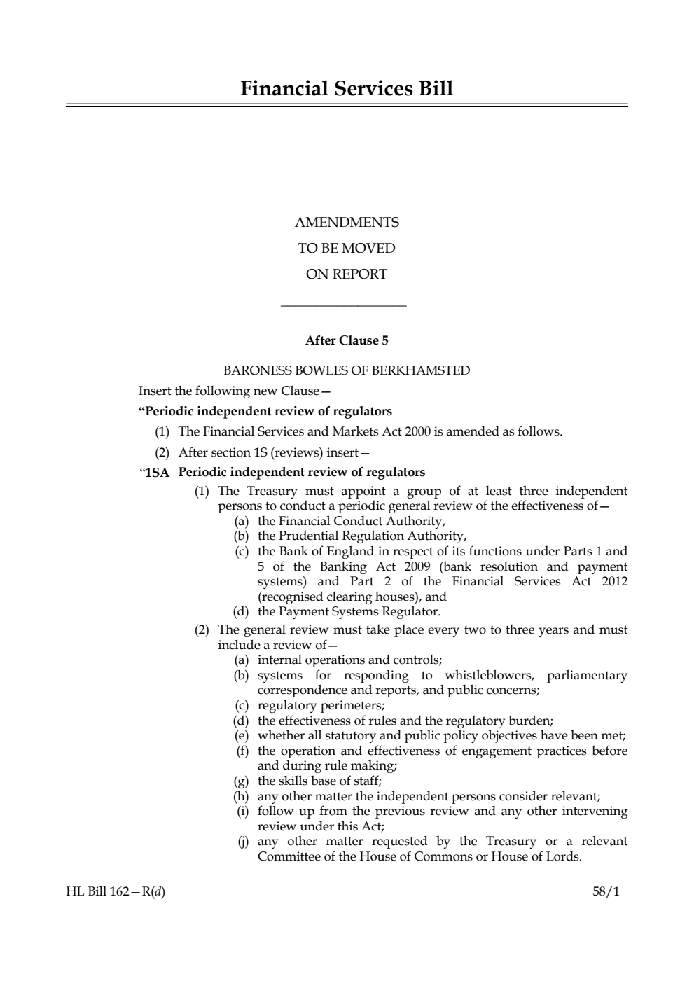 Financial Services Bill Amendments to be moved on Report