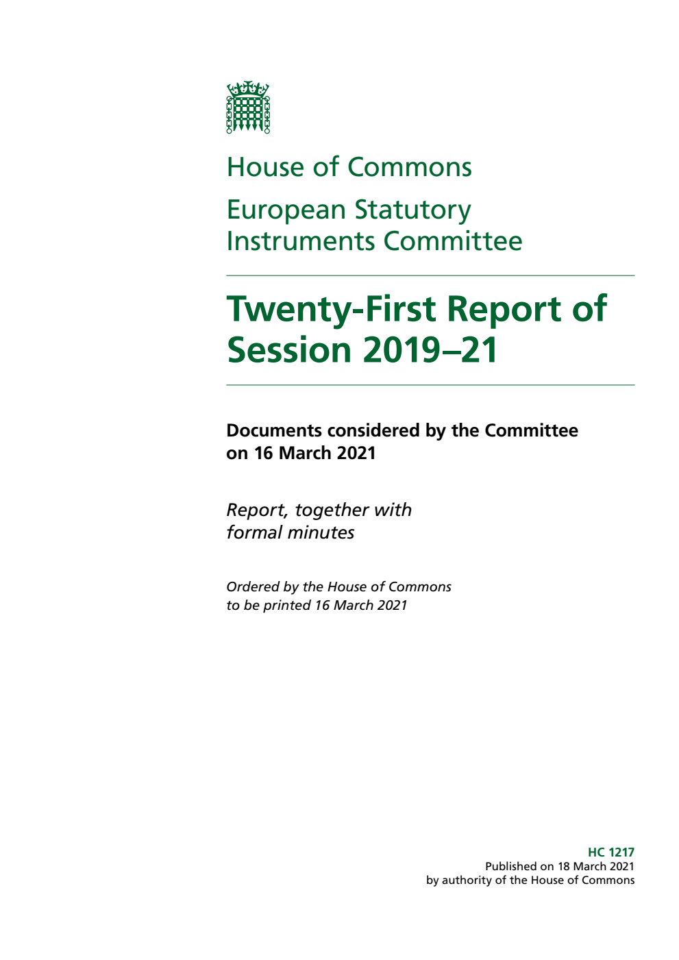 European Statutory Instruments Committee 21st Report of Session 2019-2021
