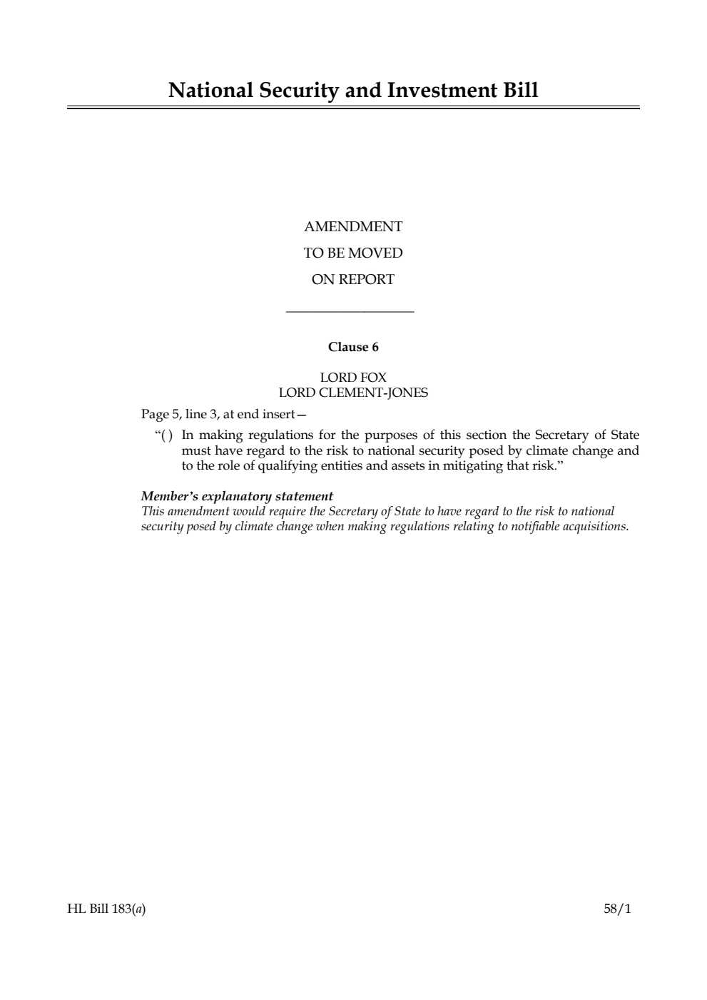 National Security and Investment Bill Amendment to be moved on Report