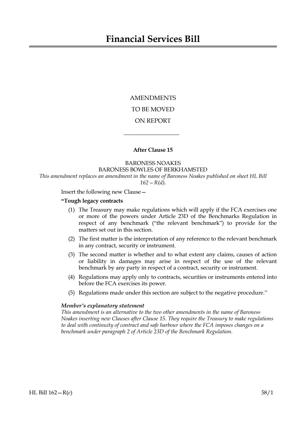 Financial Services Bill Amendments to be moved on Report