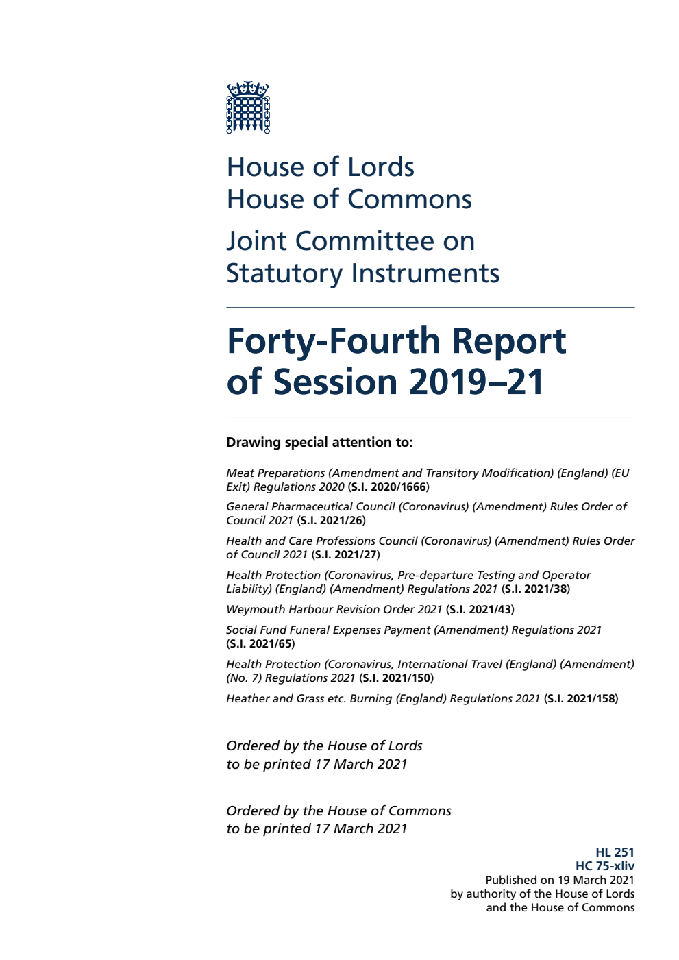 Joint Committee on Statutory Instruments 44th Report of Session 2019-21