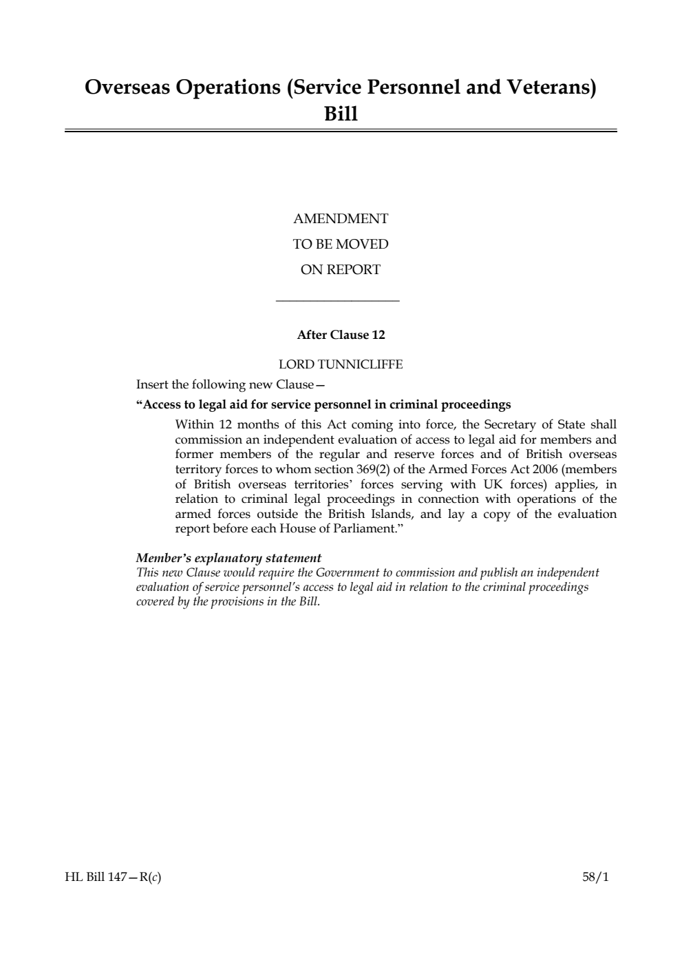 Overseas Operations (Service Personnel and Veterans) Bill Amendment to be moved on Report