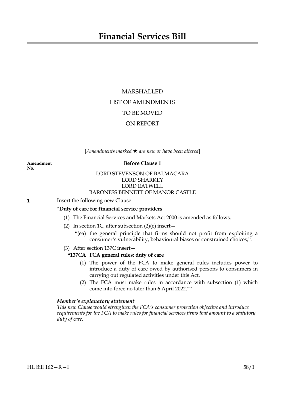 Financial Services Bill Marshalled List of amendments to be moved on report