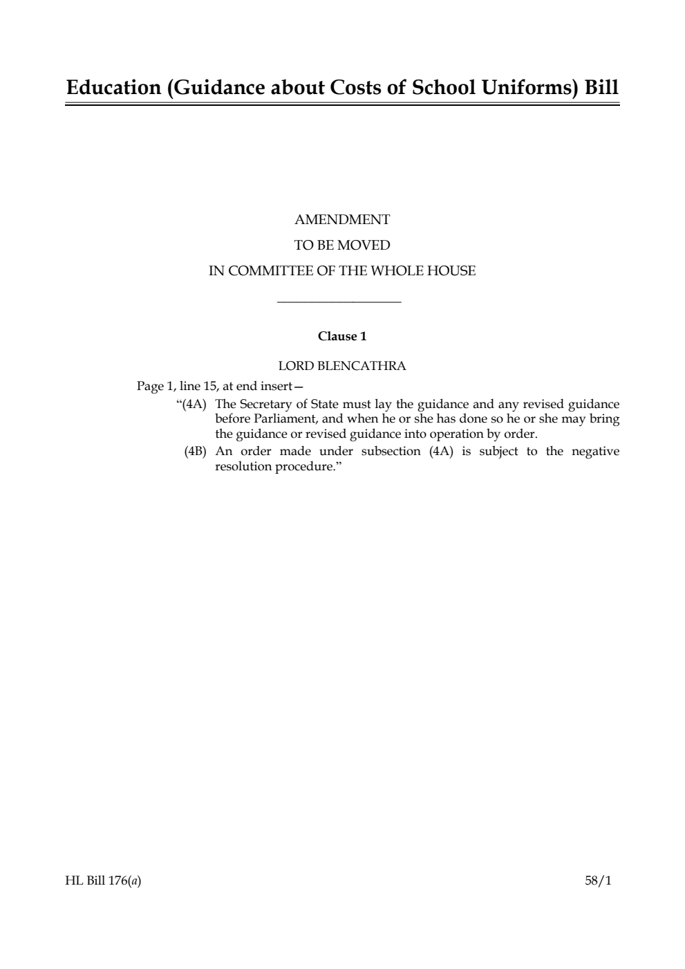 Education (Guidance about Costs of School Uniforms) Bill Amendment to be moved in Committee of the Whole House