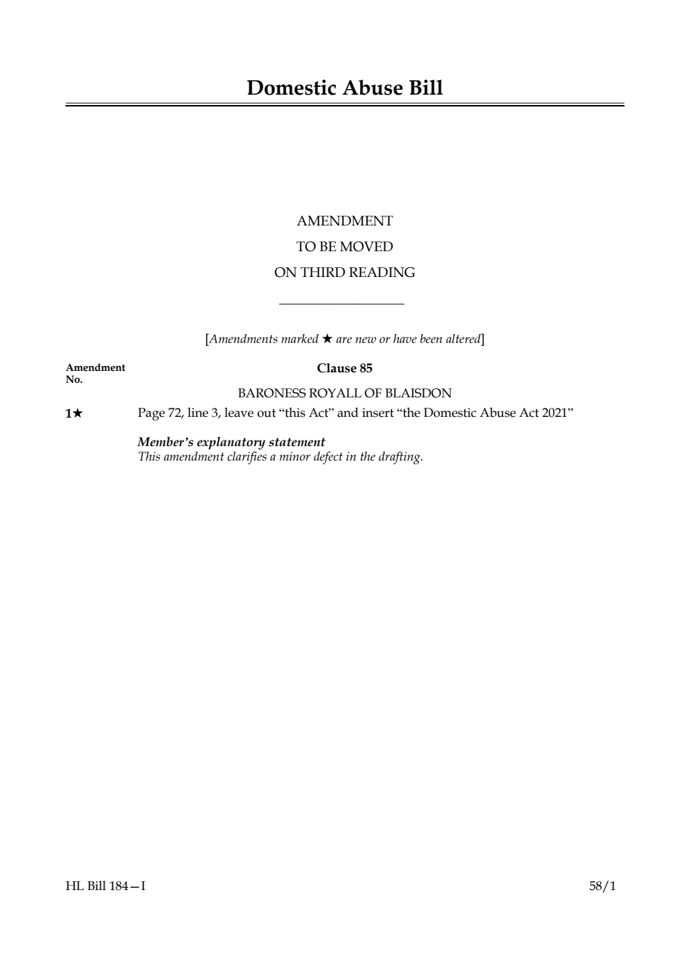 Domestic Abuse Bill Amendment to be moved on third reading