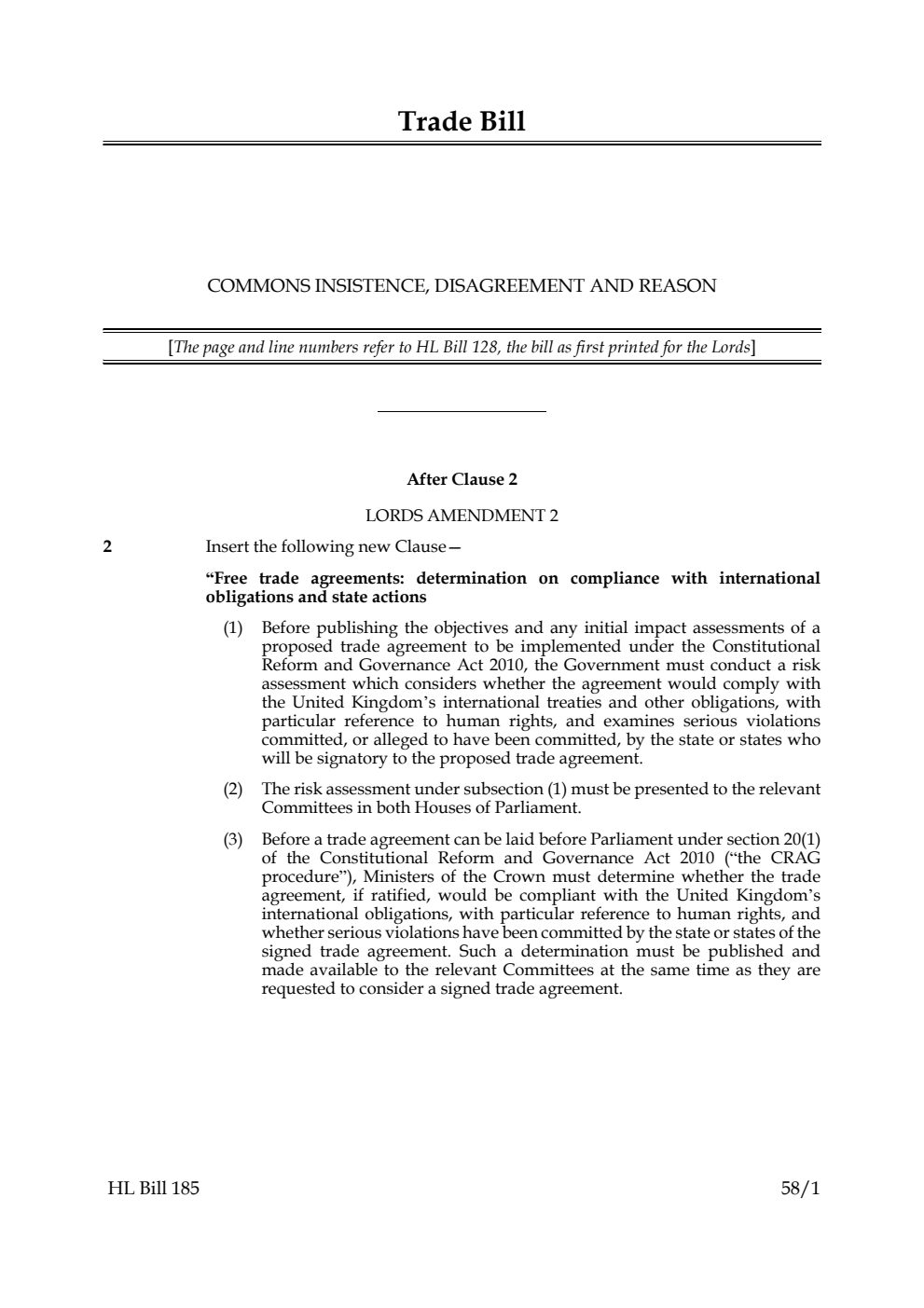 Trade Bill Commons insistence, disagreement and reason