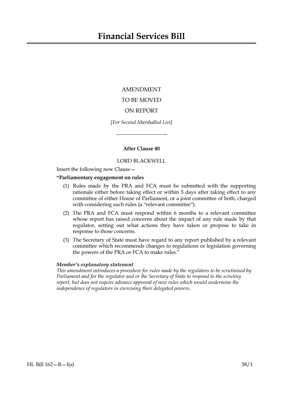 Financial Services Bill Amendment to be moved on Report