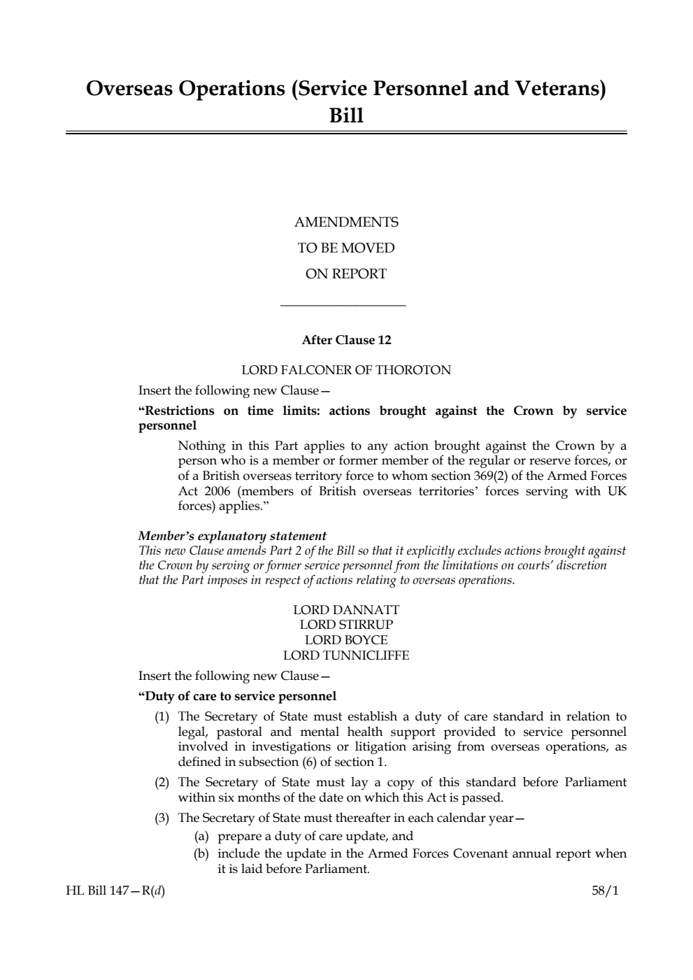 Overseas Operations (Service Personnel and Veterans) Bill Amendments to be moved on Report