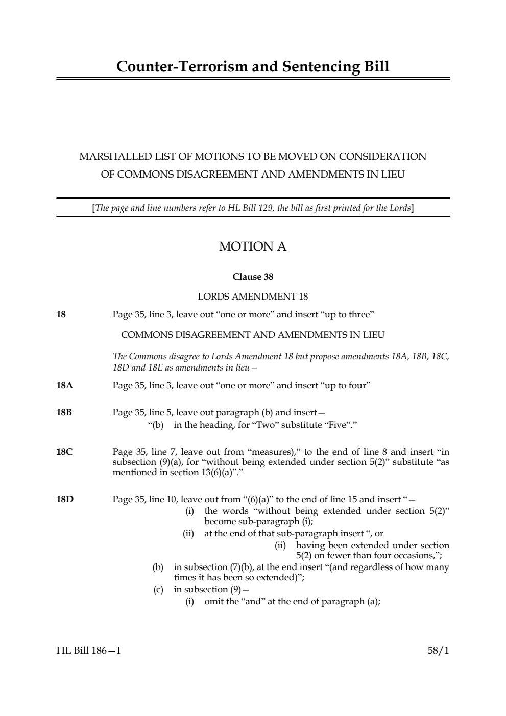 Counter-Terrorism and Sentencing Bill Marshalled List of Motions to be moved on Consideration of Commons disagreement and amendments in lieu
