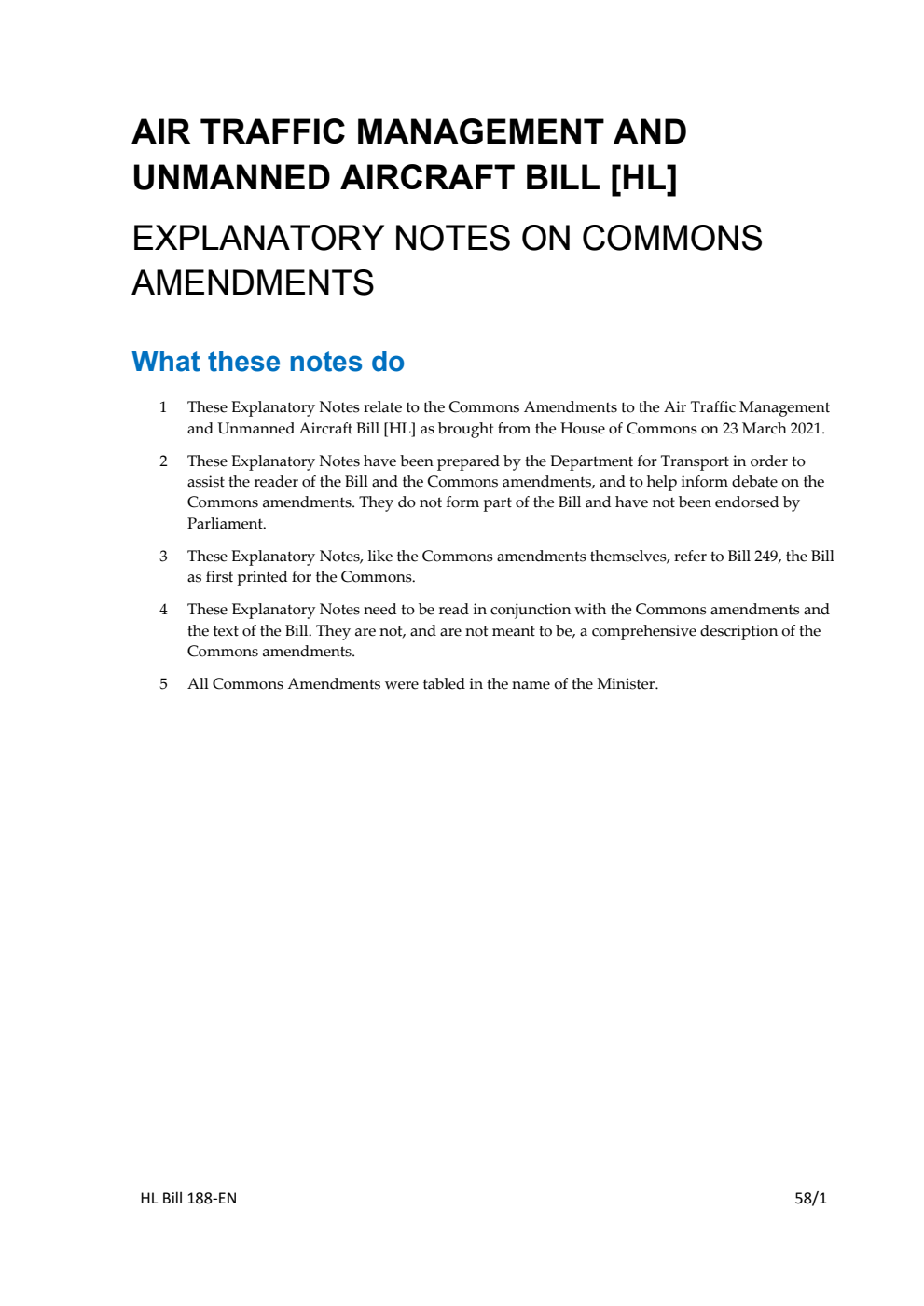 Air Traffic Management and Unmanned Aircraft Bill Explanatory Notes on Commons Amendments