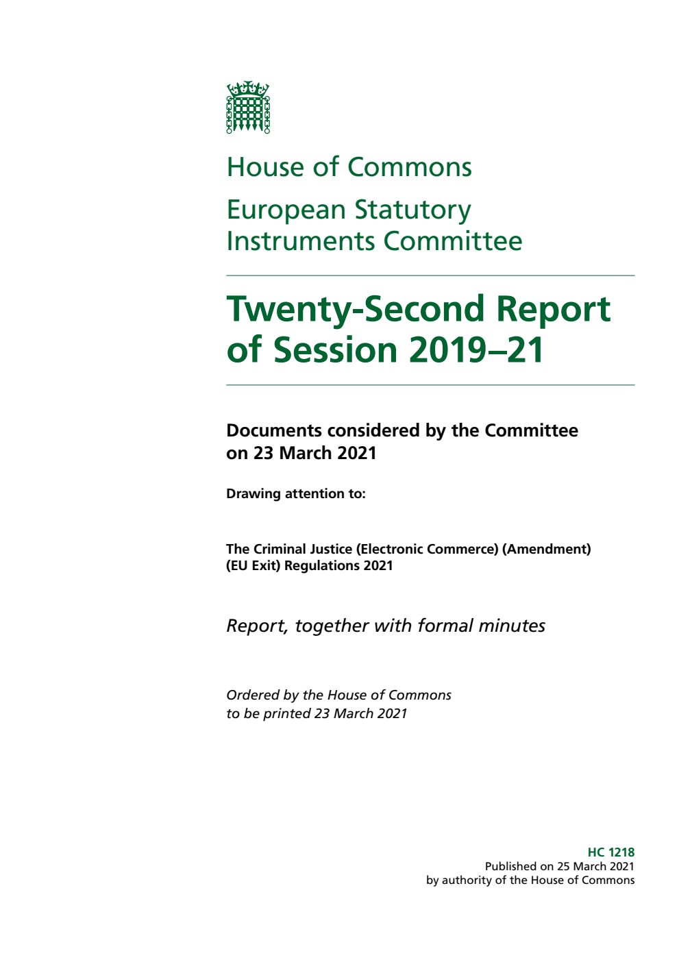 European Statutory Instruments Committee 22nd Report of Session 2019-2021
