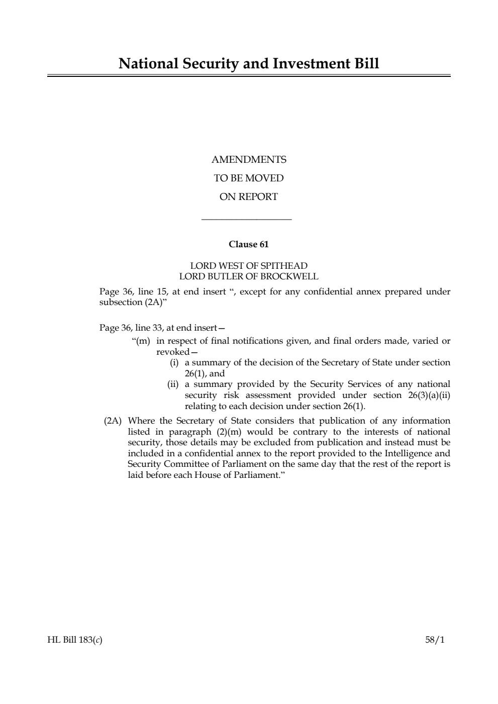 National Security and Investment Bill Amendments to be moved on Report