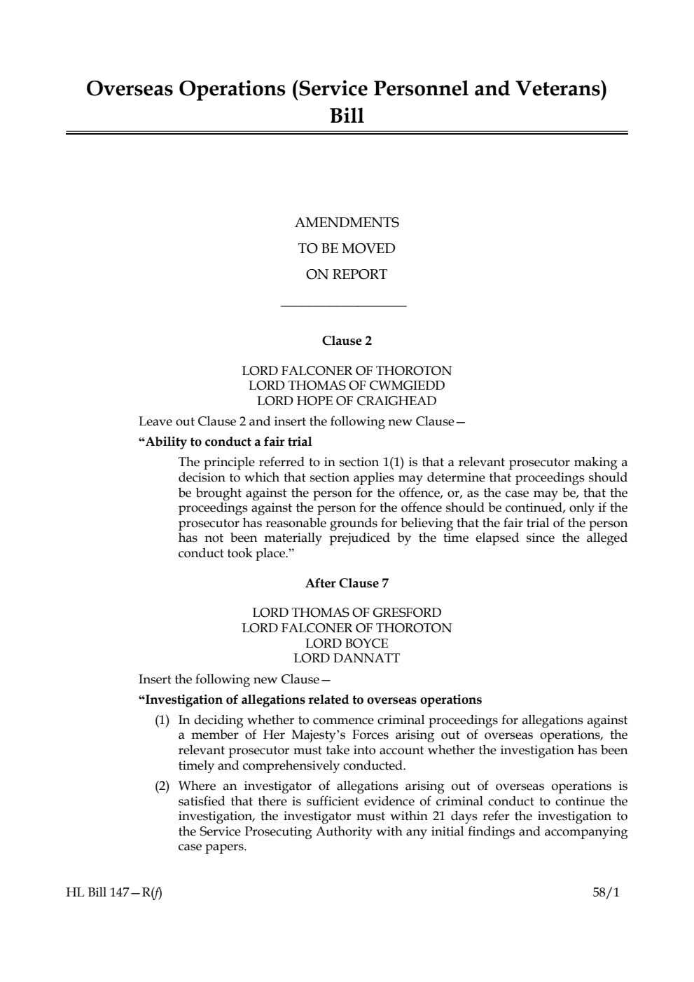 Overseas Operations (Service Personnel and Veterans) Bill Amendments to be moved on Report