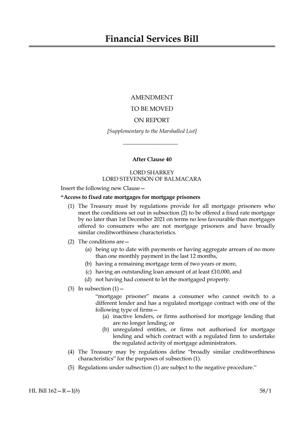 Financial Services Bill Amendment to be moved on Report