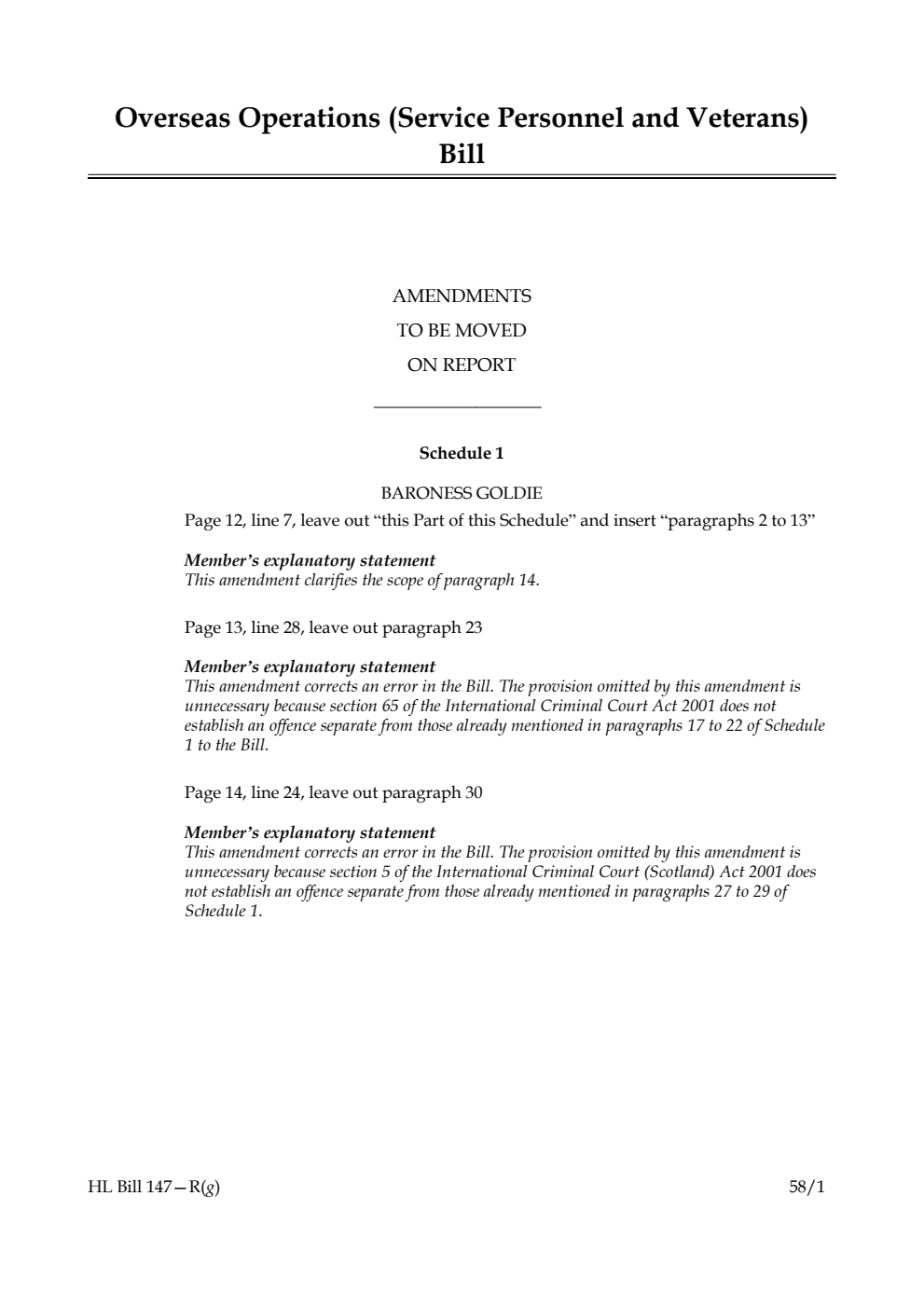 Overseas Operations (Service Personnel and Veterans) Bill Amendments to be moved on Report