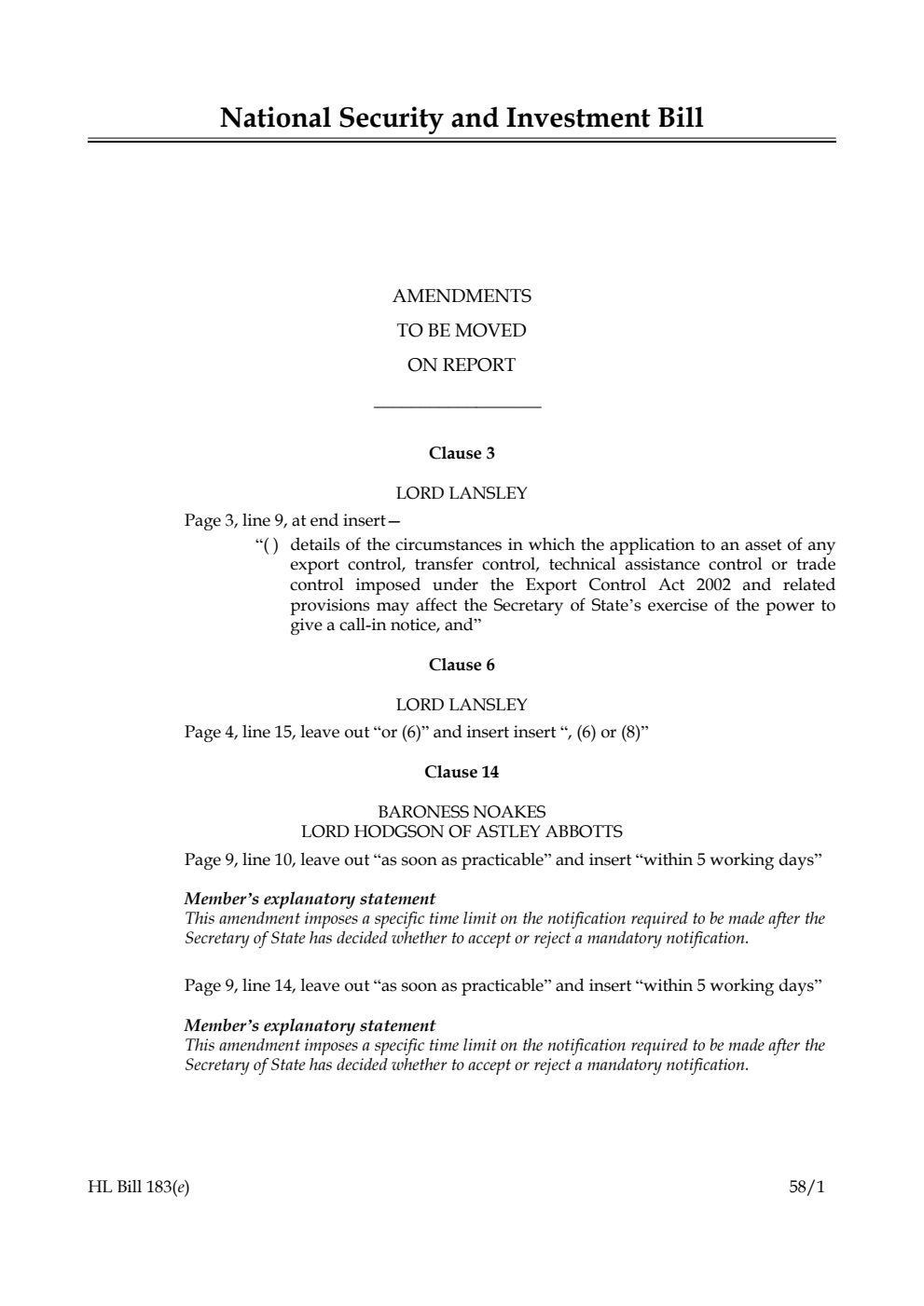 National Security and Investment Bill Amendments to be moved on Report