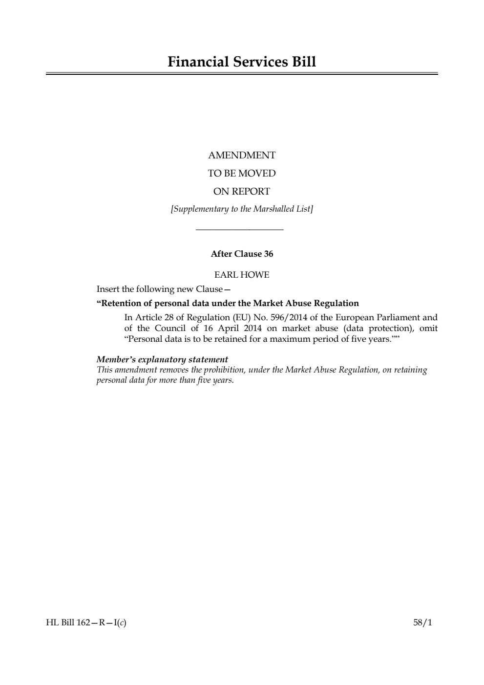 Financial Services Bill Amendment to be moved on Report