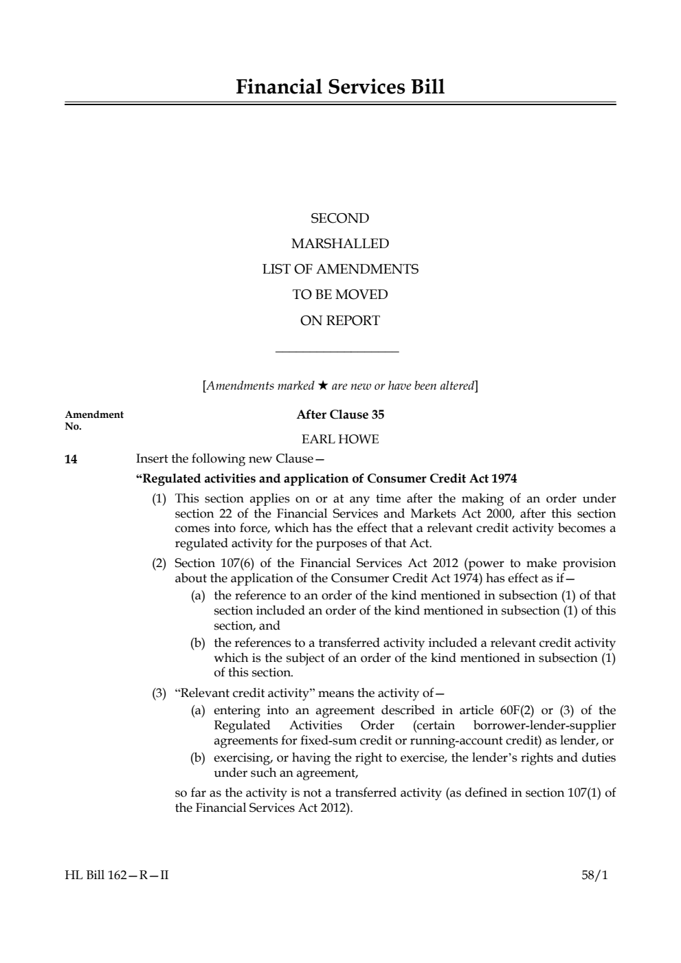 Financial Services Bill Second Marshalled List of amendments to be moved on report