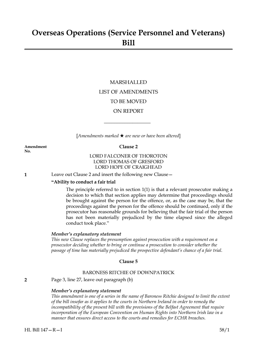 Overseas Operations (Service Personnel and Veterans) Bill Marshalled List of amendments to be moved on report