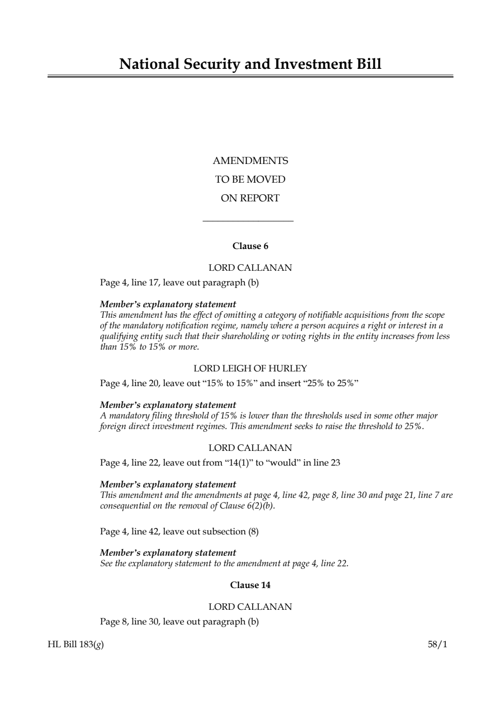 National Security and Investment Bill Amendments to be moved on Report