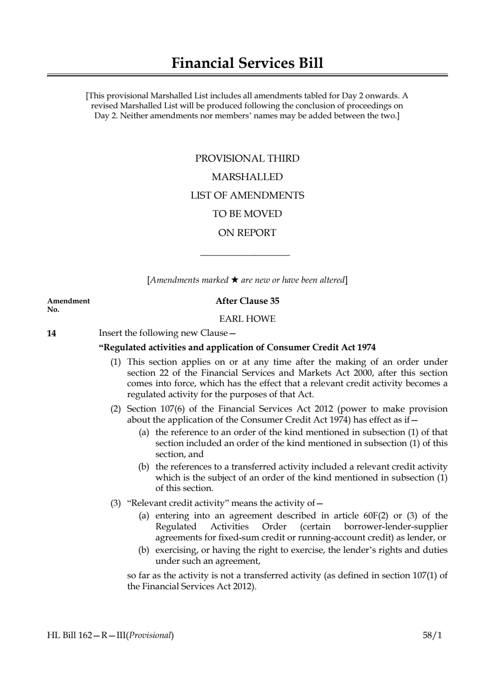 Financial Services Bill Provisional Third Marshalled List of amendments to be moved on report