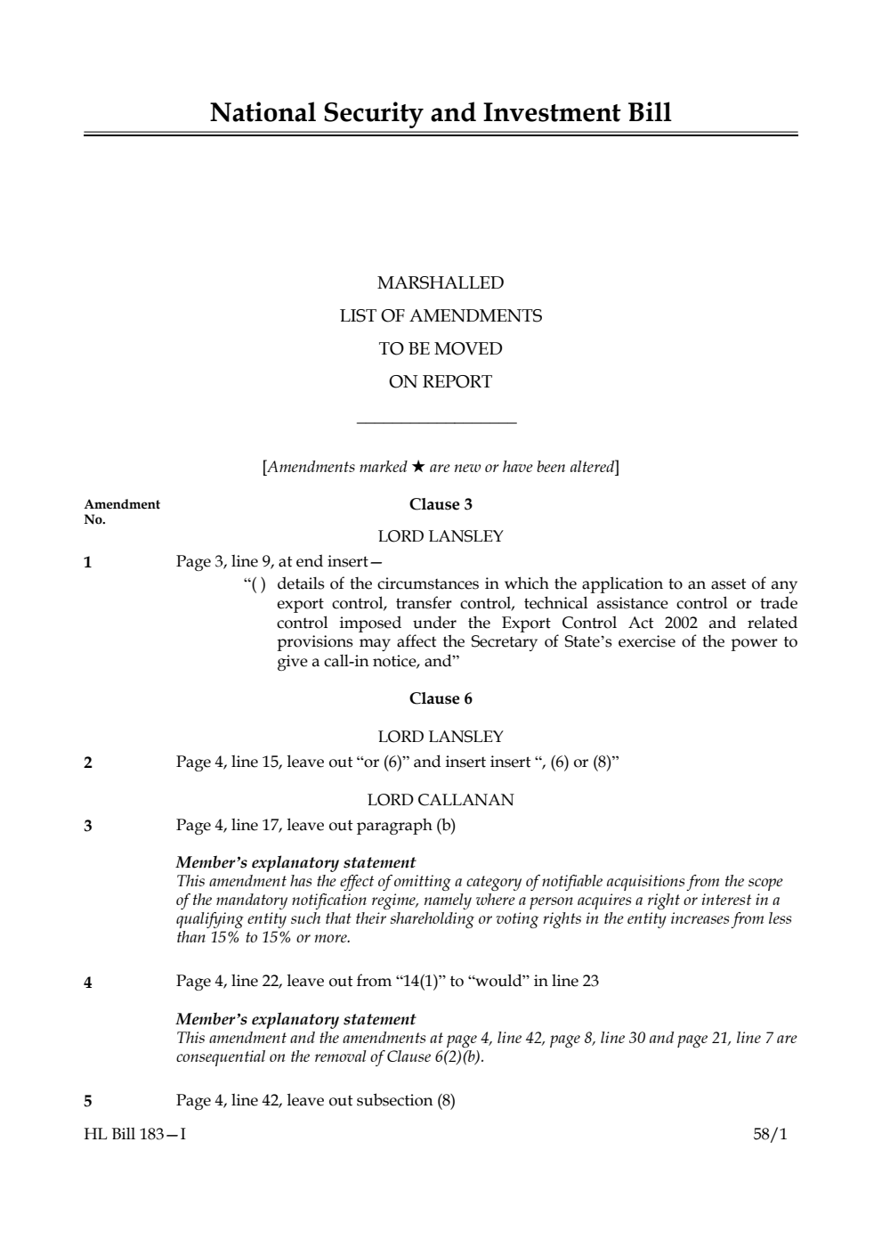 National Security and Investment Bill Marshalled List of amendments to be moved on report