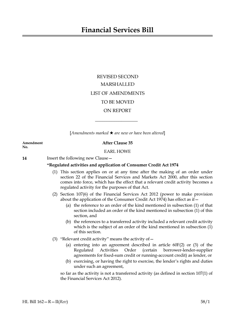 Financial Services Bill Revised Second Marshalled List of amendments to be moved on report