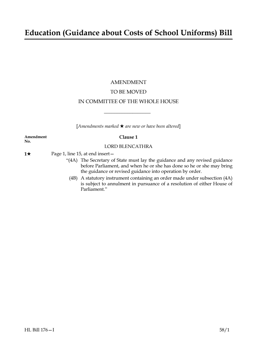 Education (Guidance about Costs of School Uniforms) Bill Amendment to be moved in Committee of the Whole House