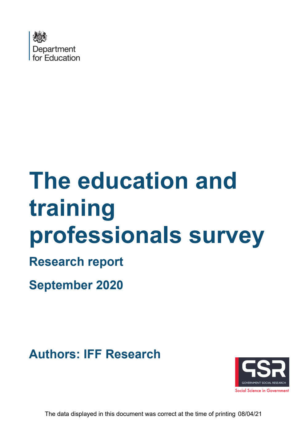 DFE-RR994 The education and training professionals survey. Research report. September 2020