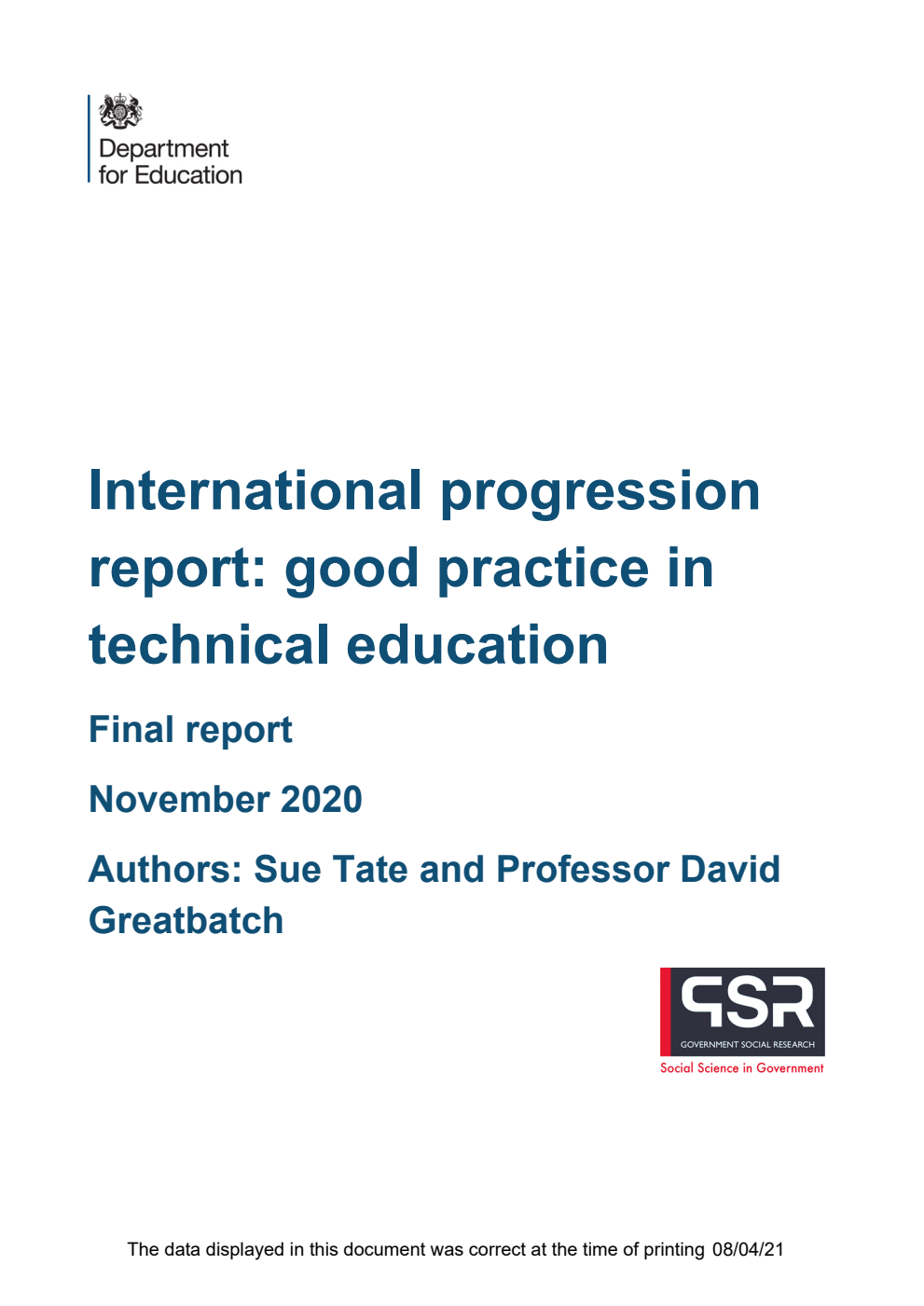 DFE-RR995 International progression report: good practice in technical education. Final report. November 2020