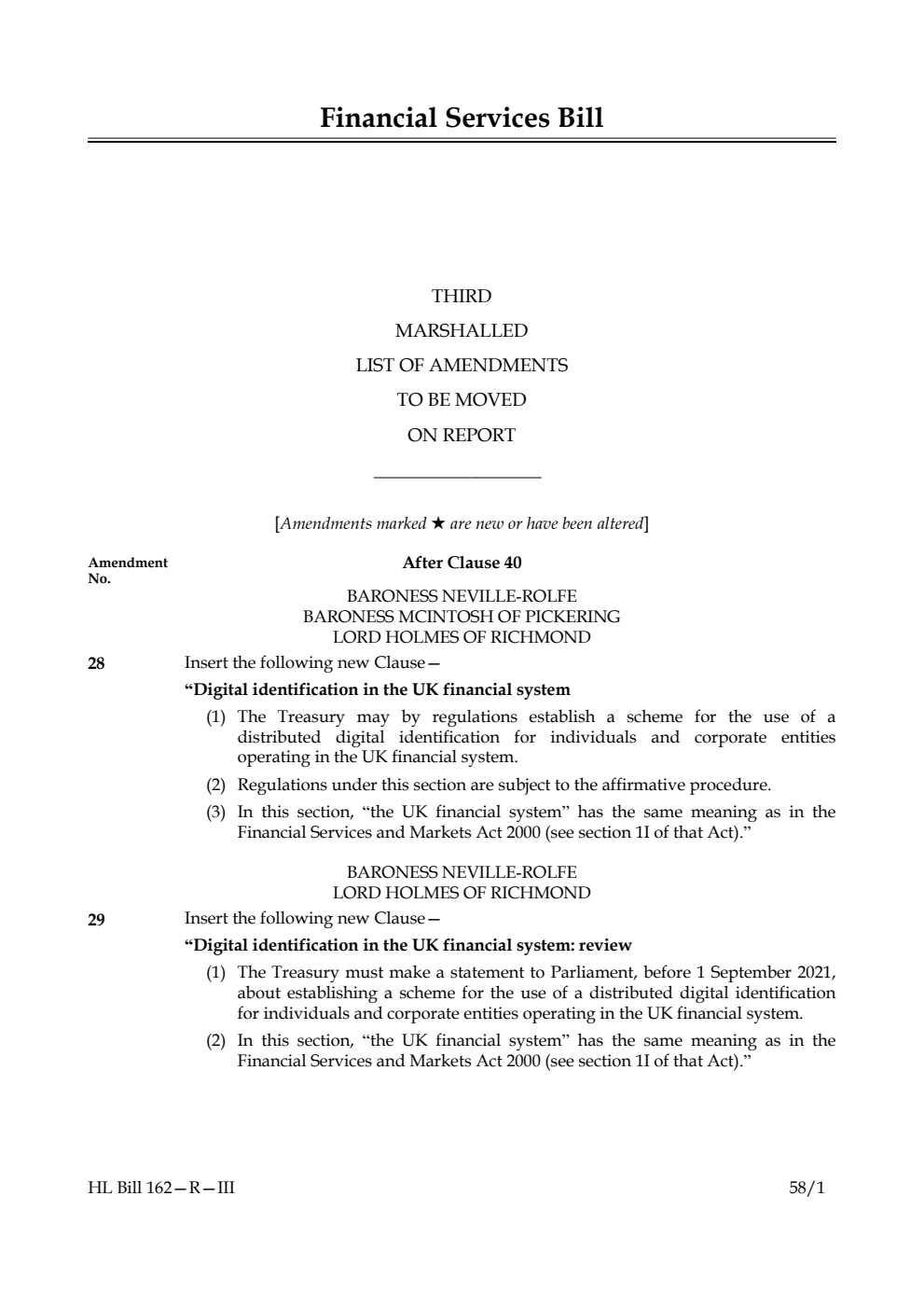 Financial Services Bill Third Marshalled List of amendments to be moved on report