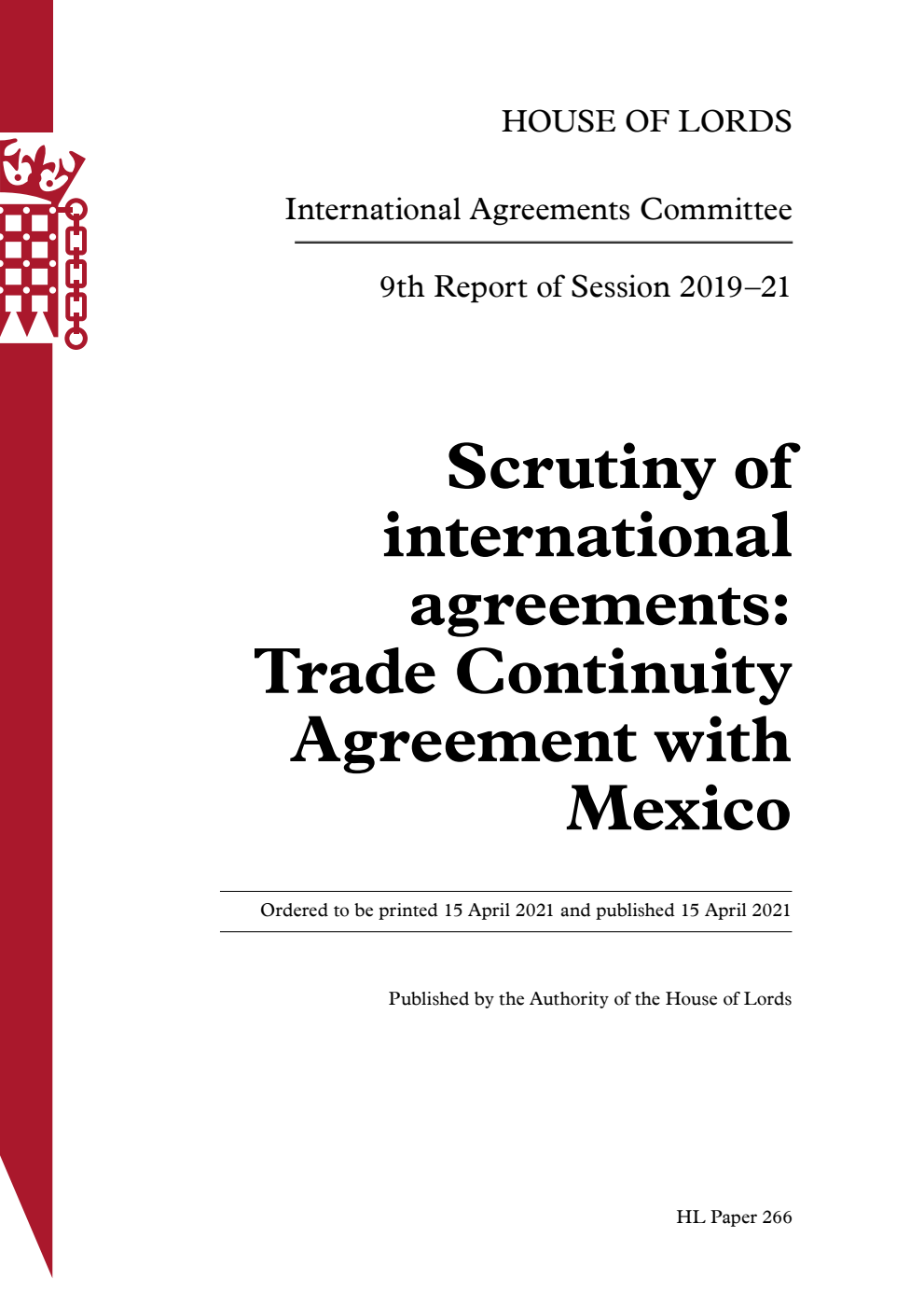 International Agreements Committee 9th Report. Scrutiny of international agreements: Trade Continuity Agreement with Mexico
